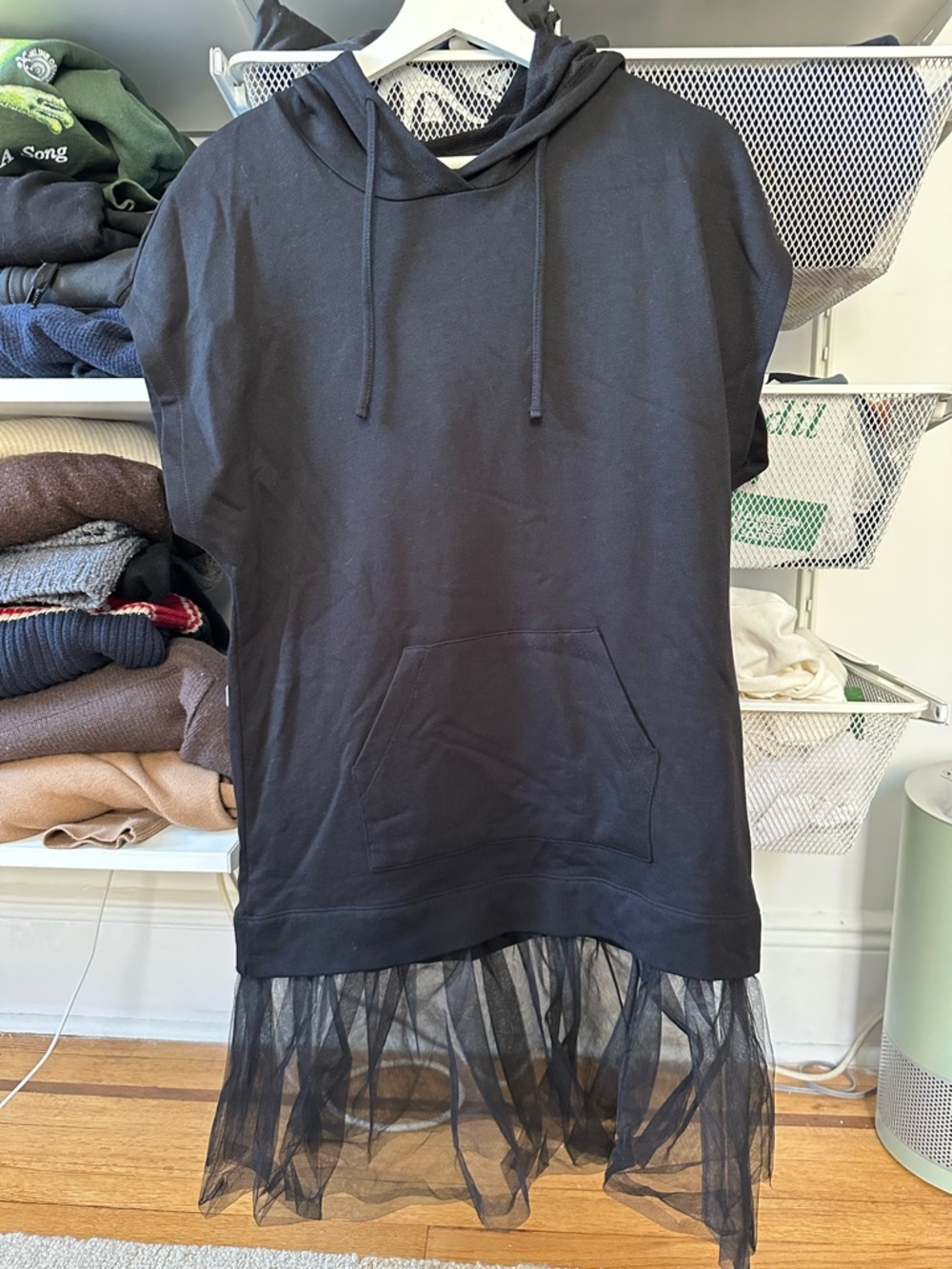 Anthropologie Black Hoodie Dress with Tulle Hem
